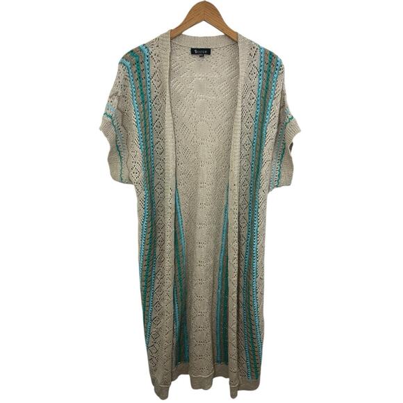 Crochet Duster Cardigan Festival Large Beige Hippie Short Sleeve Boho Lagenlook - Picture 1 of 8